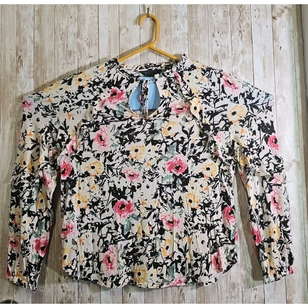Lauren Ralph Lauren Women's V-Neck Top Floral Ruffle Long Sleeve Size M